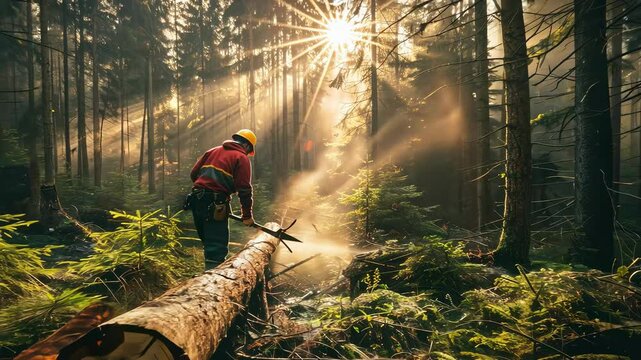 a man cuts down trees in the forest