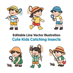 Cute Kids Catching Insects – Editable Line Vector Illustration