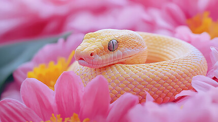 Fototapeta premium Albino snake rests peacefully amongst a vibrant bed of pink and yellow flowers a stark contrast of scales and petals.