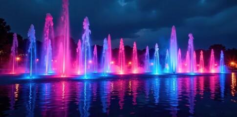 Fototapeta premium Illuminated fountains with water jets and colorful LED lights in Tsaritsino Park, light, water jet