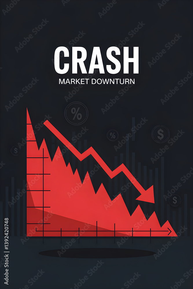 Poster Red graph showing market crashing down with percentage and dollar sign in background