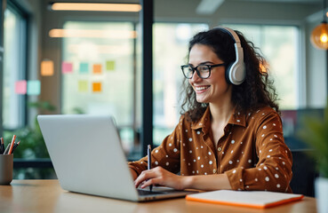 Smiling woman using laptop, wearing headphones in office. Attractive female watching online video course, participating remote meeting, writing notes. E-learning, training, online education concept.