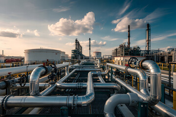 Industrial pipes and tanks connecting in a petrochemical plant at sunset