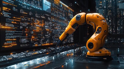 A robotic arm interacting with a complex futuristic computing system