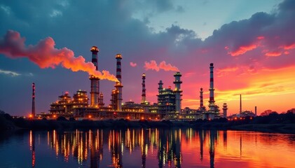 Naklejka premium Industrial refinery at sunset with smoke stacks, sunset, industrial