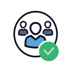 User group icon with green check mark representing verified community, approved users, or successful team selection
