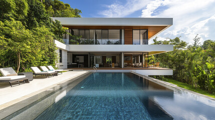 Fototapeta premium Modern villa with sleek design and pool surrounded by lush greenery