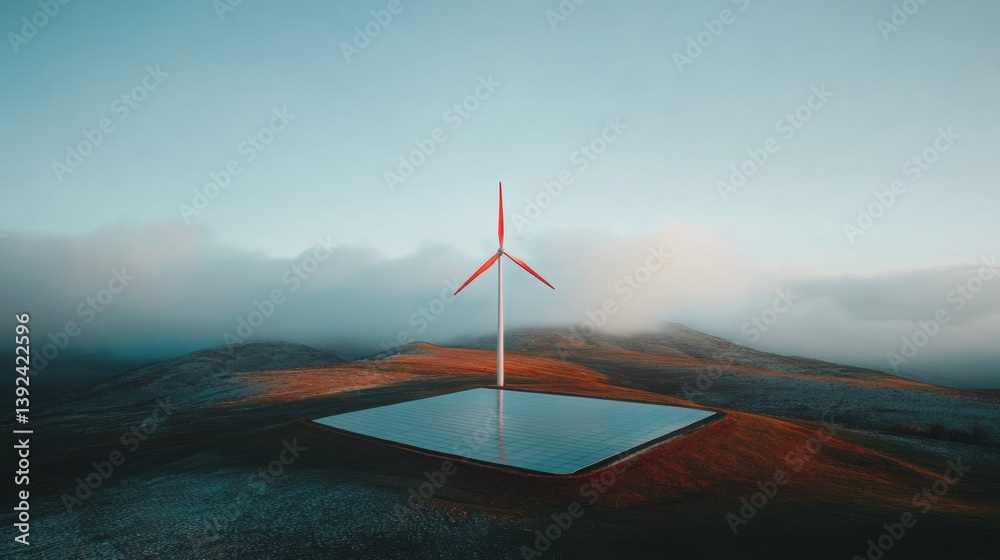 Poster surreal renewable energy visualization minimalist wind turbine and reflective surface exploring clim