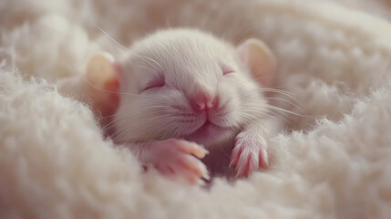 A tiny white rodent eyes closed in peaceful slumber nestles in soft fluffy cream-colored bedding.