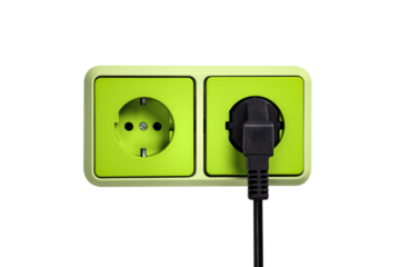 Green outlet with a plug on a wall isolated from background
