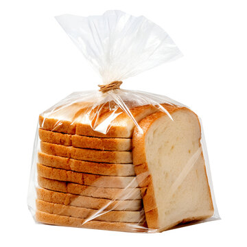 Slices of white bread in a clear plastic bag tied at the top on a transparent background.