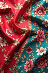 Fototapeta premium Intricate Banarasi silk fabric design featuring floral patterns in muted colors, Cultural heritage, Handloom weaving