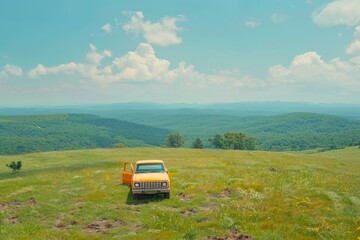 Vintage yellow truck parked on grassy hilltop overlooking lush green mountains under a clear blue sky