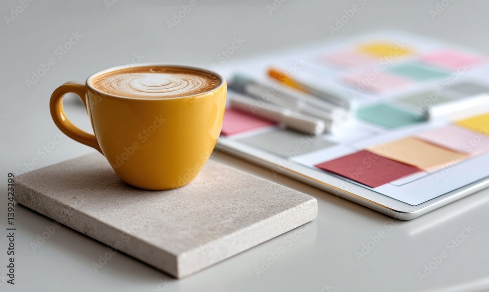 Aufkleber minimalist ux design workflow vibrant yellow latte, pastel color palette and digital strategy worksp
