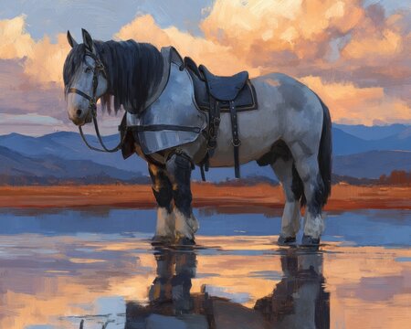A majestic warhorse stands proudly, its barding reflecting the setting sun - shiny animal sundown mammal