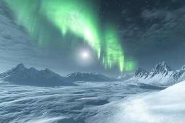 Fototapeta premium Spectacular northern lights illuminate snowy mountain landscape under a starry sky