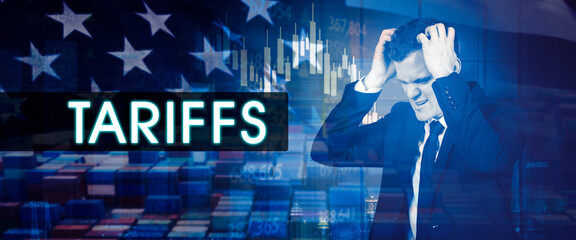 Stressed Businessman Impacted by Tariffs and Trade War with Economic Graphs and Cargo Background