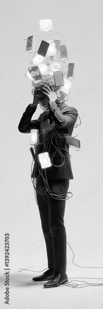 Aufkleber digital overload burnout corporate professional entangled in hyper-connected tech ecosystem - millen