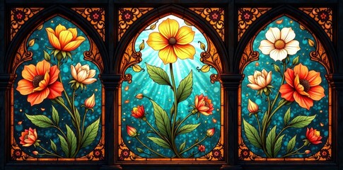 Intricate floral patterns dancing across a ornate Art Nouveau style window , architecture, ornate