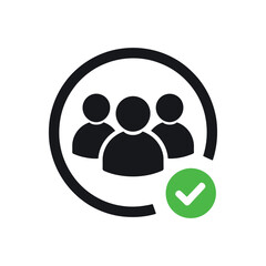 User group icon with check mark, black silhouette of people in a circle representing verified community or approved team