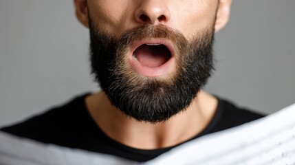 Obraz premium Bearded man with mouth open, expressing emotion.
