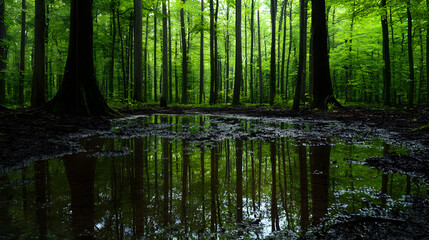 Obraz premium forest, water, tree, nature, trees, lake, landscape, river, green, summer, swamp, wood, spring, pine, pond, woods, reflection, park, environment, autumn, birch, sunlight, outdoors, sun, plant