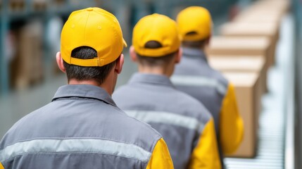 Workers in yellow caps handling packages in a warehouse.