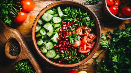 A vibrant, fresh salad with cucumbers, pomegranate seeds, cherry tomatoes, and leafy greens arranged in a wooden bowl on a rustic wooden table adorned with various vegetables and herbs