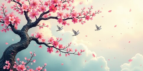Fototapeta premium Intricately designed floral tree branches featuring various birds in flight amidst a backdrop of soft pastel hues, motif, tree