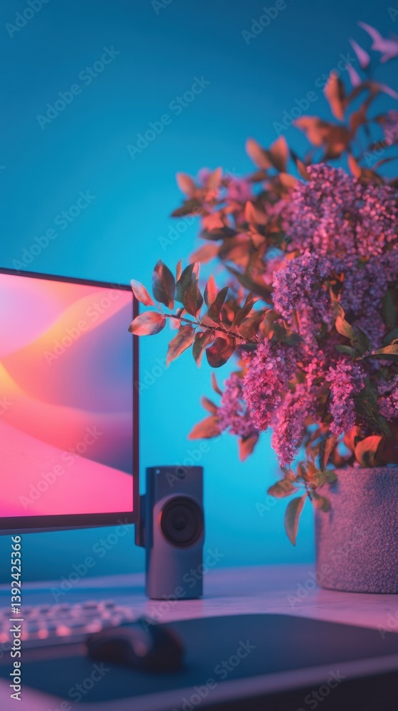 Poster vaporwave digital workspace immersive creative setup with vibrant botanical accent - gen z aesthetic