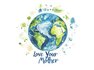 Naklejka premium A Watercolor Earth: a hand-painted watercolor artwork illustrating the Earth with a message of love and environmental care, promoting awareness of planet and promoting eco-consciousness.