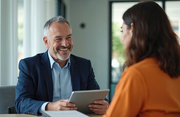 Mature recruiter using digital tablet reads resume, listens to candidate at job interview. Smiling business colleagues meeting, talking, working together in modern office. Recruitment process concept.