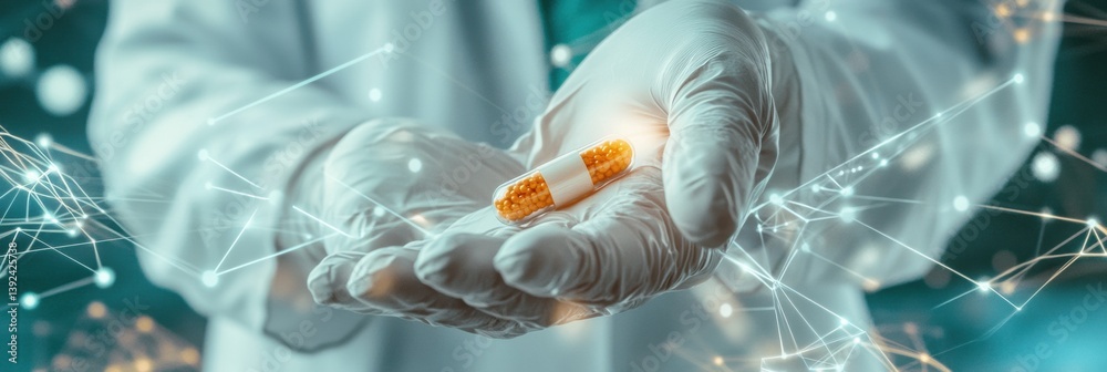 Poster Precision AI Healthcare Robotic Hand Delivering Personalized Medical Innovation with Advanced Digital Connectivity in Futuristic Pharmaceutical Design