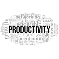 motivating word cloud centered on productivity, showcasing key terms related to efficiency, time management, and achieving optimal results. Perfect for illustrating the power of focus and effective wo