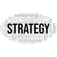 dynamic word cloud centered on strategy, showcasing key concepts related to planning, decision-making, and achieving long-term success. Perfect for representing strategic thinking in business, leaders
