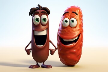 Fototapeta premium Two humorous sausages showcase their charms on a clean white background in a close up view