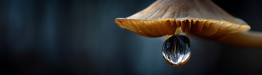 Obraz premium Water droplet clinging to a mushroom cap in a shadowy, damp woodland setting - pattern background design abstract seamless