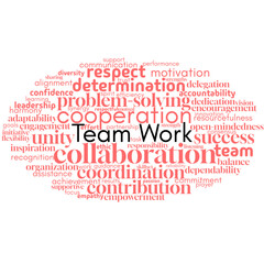 An energizing word cloud focused on teamwork, emphasizing collaboration, cooperation, and mutual support. Perfect for illustrating the power of unity, collective effort, and shared success in professi
