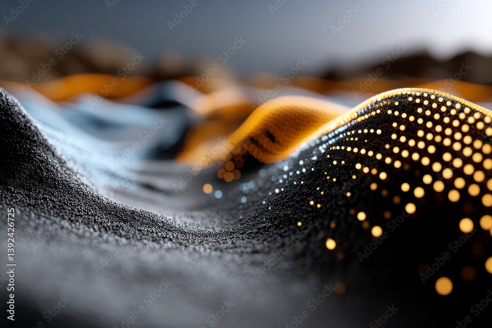 Poster dynamic particles and a flowing sound wave, generated by ai, create a dark background