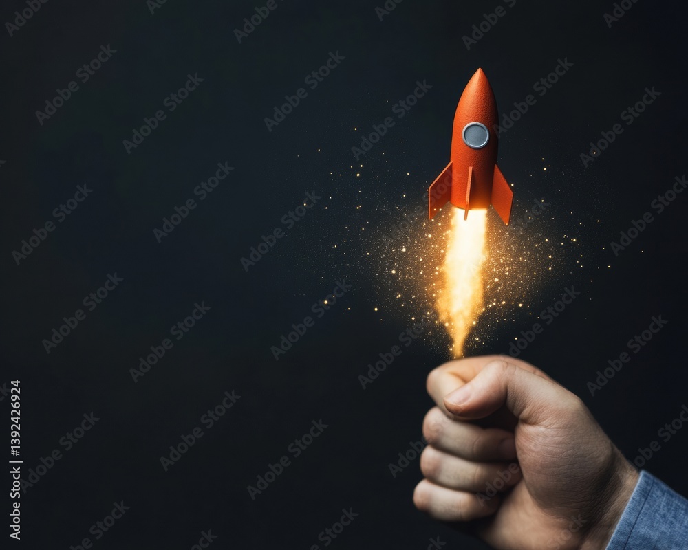 Poster entrepreneurial vision innovative digital rocket launch metaphor for startup acceleration, transform