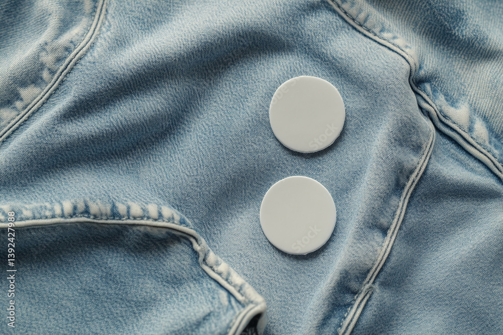Poster close-up of light blue denim texture with two blank white circles, showcasing a mockup for design or