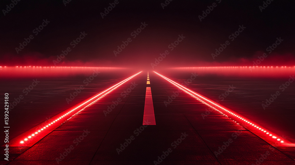 Poster empty road at night, illuminated by red led lights, fog adds to the mysterious atmosphere, suggestin