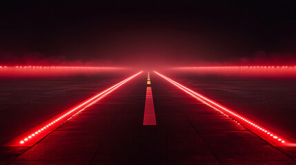Empty road at night, illuminated by red LED lights, fog adds to the mysterious atmosphere, suggesting journey, adventure, or unknown future