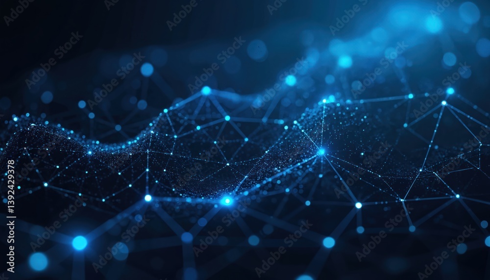Aufkleber Abstract network grid illustration with connected dots and lines against a blue background. Represents data flow, communication tech, cyberspace structure, AI and future tech.
