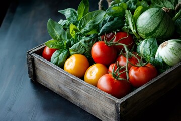 Fresh vegetables filling wooden crate, tomatoes, spinach, basil, and pattypan squash