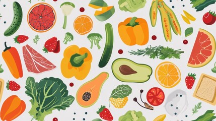Illustrated Flat Lay of Fresh Fruits and Vegetables