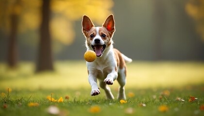 Happy dog running with a ball in a sunny autumn park.