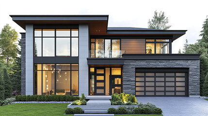 Fototapeta premium Modern suburban house with glass accents and stone facade