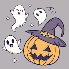 Halloween Ghosts with Classic Jack-o'-Lantern and Witch Hat – Spooky Glowing Face Vector Design
