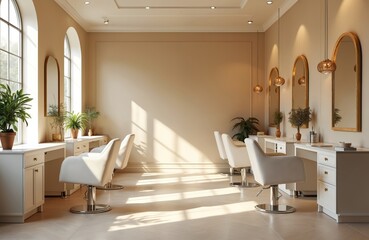 Minimalist hair salon interior design with comfortable seating. Modern, clean style. Elegant, empty workplace studio. Sunlight, plants, mirrors reflect atmosphere. Salon business, hair care service.